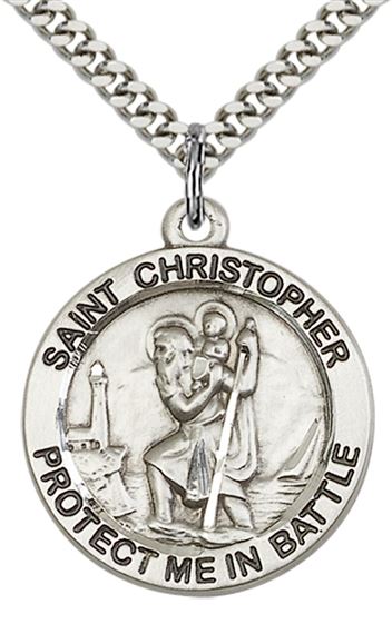 STERLING SILVER ST CHRISTOPHER PENDANT ON A 24 INCH LIGHT RHODIUM CHAIN